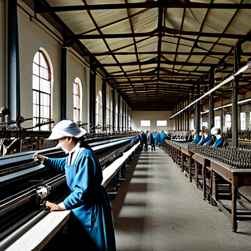 A bustling 19th-century French textile factory interior. The vast space is filled with intricate mechanical looms, actively weaving fabric. Visible steam rises from the machinery, creating an industrious atmosphere. Several adult factory workers, fully clothed in modest, professional industrial attire, are diligently tending to their stations. Sunlight streams through large factory windows, illuminating the scene. The overall composition emphasizes the scale and innovation of industrial production. safe for work, appropriate content, fully clothed, professional dress, modest clothing, family-friendly, perfect anatomy, correct proportions, natural pose, well-formed hands, proper finger count, natural body proportions, professional photography, high detail, cinematic lighting, realistic, historical accuracy, high quality.