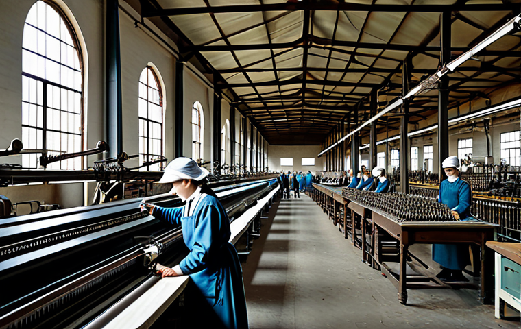 A bustling 19th-century French textile factory interior. The vast space is filled with intricate mechanical looms, actively weaving fabric. Visible steam rises from the machinery, creating an industrious atmosphere. Several adult factory workers, fully clothed in modest, professional industrial attire, are diligently tending to their stations. Sunlight streams through large factory windows, illuminating the scene. The overall composition emphasizes the scale and innovation of industrial production. safe for work, appropriate content, fully clothed, professional dress, modest clothing, family-friendly, perfect anatomy, correct proportions, natural pose, well-formed hands, proper finger count, natural body proportions, professional photography, high detail, cinematic lighting, realistic, historical accuracy, high quality.