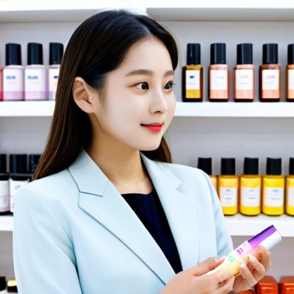 A professional woman, fully clothed in a modest business casual outfit, stands within a brightly lit, modern K-Beauty boutique in a French city. She is holding a Korean skincare product, examining it with a calm, interested expression. The shelves behind her are neatly arranged with various colorful K-beauty product lines. The atmosphere is clean, professional, and inviting. safe for work, appropriate content, fully clothed, professional, perfect anatomy, correct proportions, natural pose, well-formed hands, proper finger count, natural body proportions, high quality, professional photography.