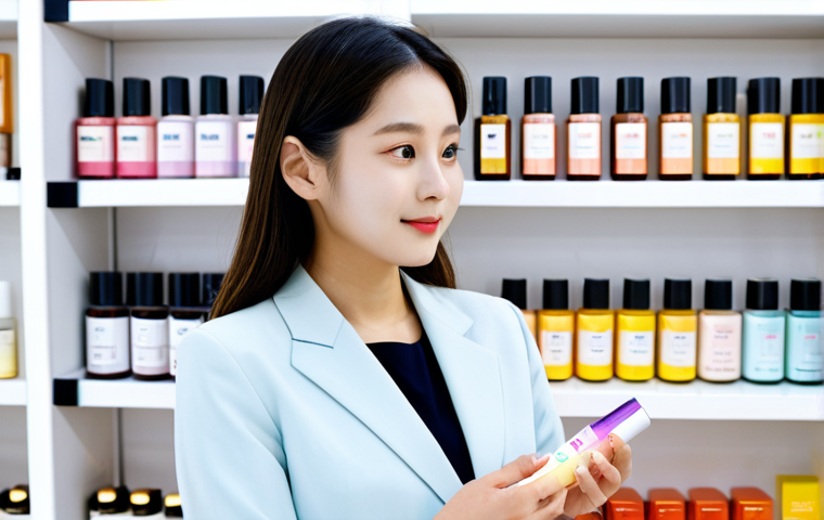 A professional woman, fully clothed in a modest business casual outfit, stands within a brightly lit, modern K-Beauty boutique in a French city. She is holding a Korean skincare product, examining it with a calm, interested expression. The shelves behind her are neatly arranged with various colorful K-beauty product lines. The atmosphere is clean, professional, and inviting. safe for work, appropriate content, fully clothed, professional, perfect anatomy, correct proportions, natural pose, well-formed hands, proper finger count, natural body proportions, high quality, professional photography.
