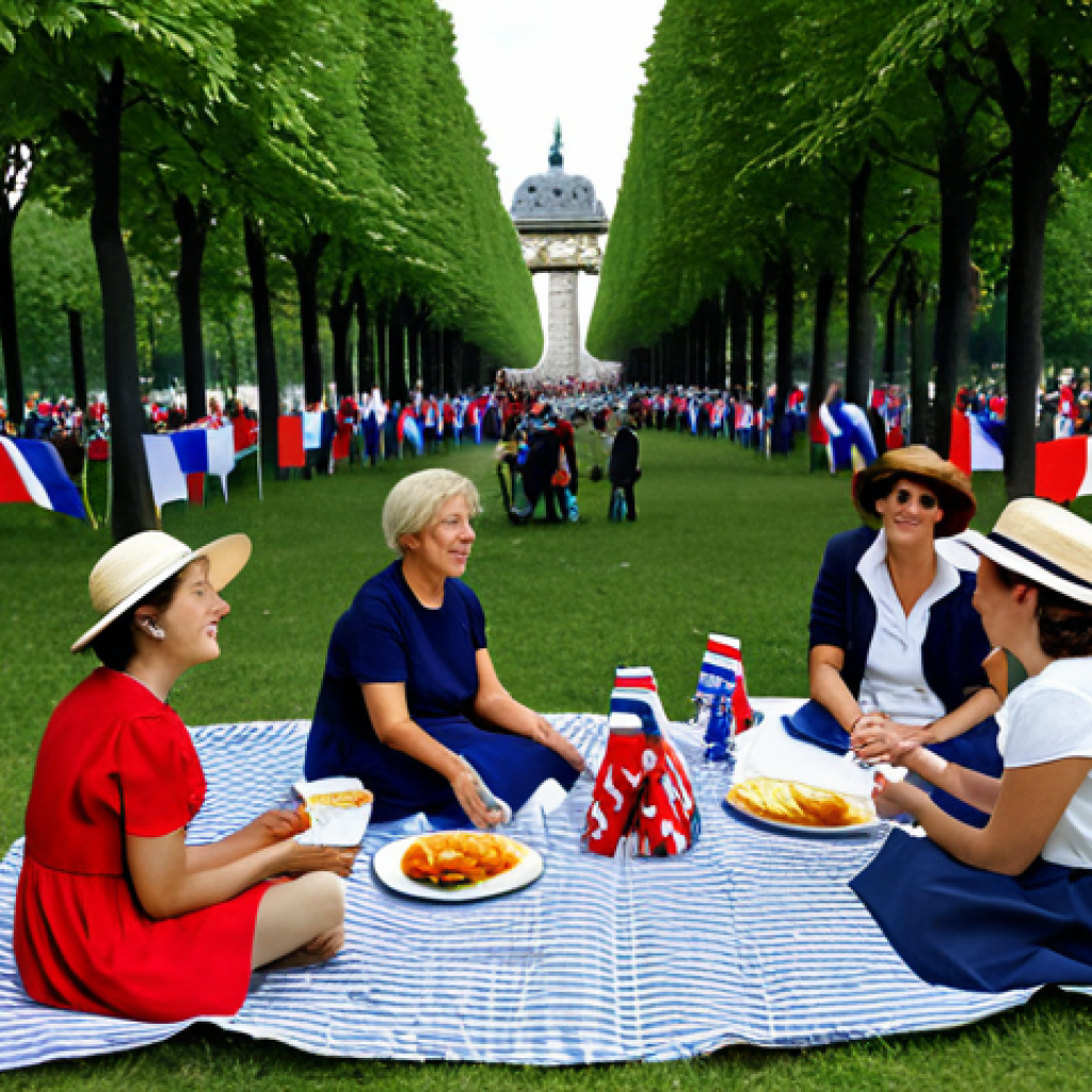 Republican Picnic**

"A large group of people enjoying a "pique-nique r&eacute;publicain" in a Parisian park on July 14th. Families and friends are seated on blankets, sharing food and drinks. The scene includes French flags, red, white, and blue decorations, and a festive atmosphere. fully clothed, appropriate attire, safe for work, perfect anatomy, natural proportions, professional photography, high quality, modest, family-friendly."

**