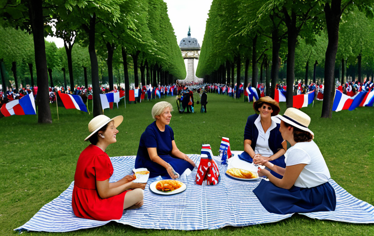 Republican Picnic**

"A large group of people enjoying a "pique-nique r&eacute;publicain" in a Parisian park on July 14th. Families and friends are seated on blankets, sharing food and drinks. The scene includes French flags, red, white, and blue decorations, and a festive atmosphere. fully clothed, appropriate attire, safe for work, perfect anatomy, natural proportions, professional photography, high quality, modest, family-friendly."

**