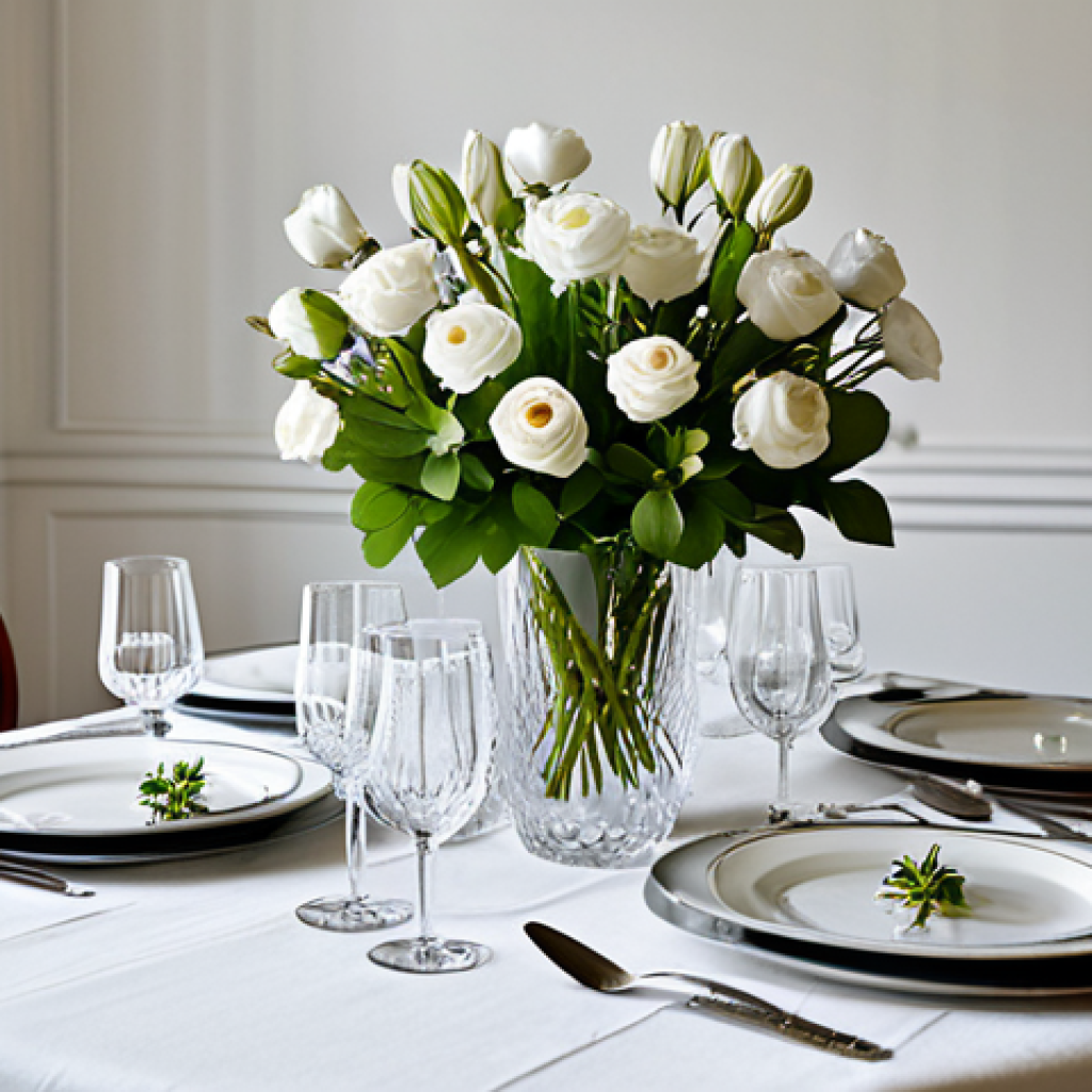 Elegant Table Setting**
"A beautifully set French dining table, crisp white linen, gleaming silverware (arranged correctly), delicate porcelain china, crystal wine glasses, a small vase with fresh flowers, soft natural light. Safe for work, appropriate content, professional, fully clothed. Perfect anatomy (of the objects), correct proportions, photorealistic, high quality."
**