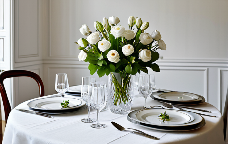 Elegant Table Setting**

"A beautifully set French dining table, crisp white linen, gleaming silverware (arranged correctly), delicate porcelain china, crystal wine glasses, a small vase with fresh flowers, soft natural light. Safe for work, appropriate content, professional, fully clothed. Perfect anatomy (of the objects), correct proportions, photorealistic, high quality."

**