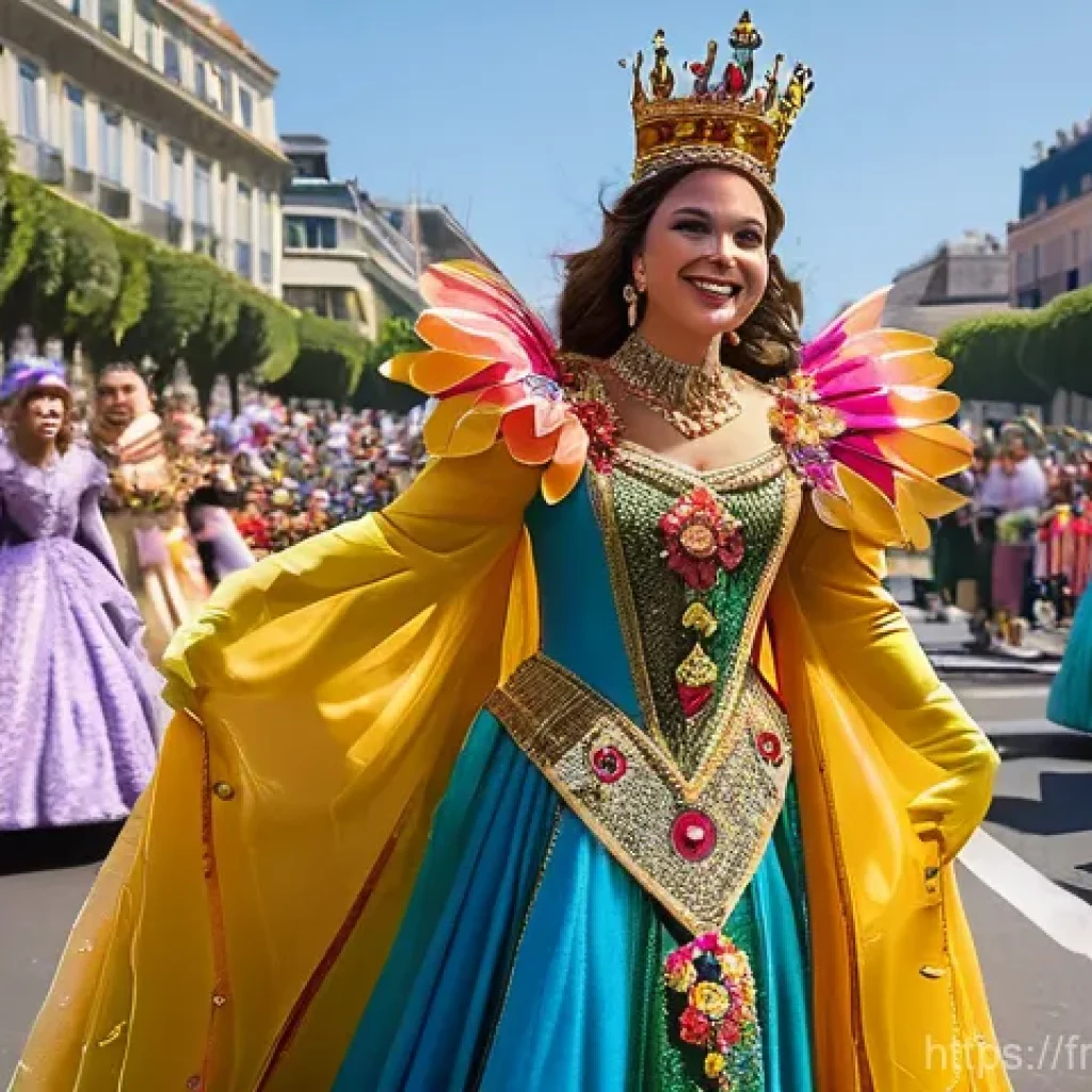 니스 카니발과 퍼레이드 일정 - **Prompt:** A majestic Queen's float at the Nice Carnival, showcasing the "Vive la Reine!" theme. Th...