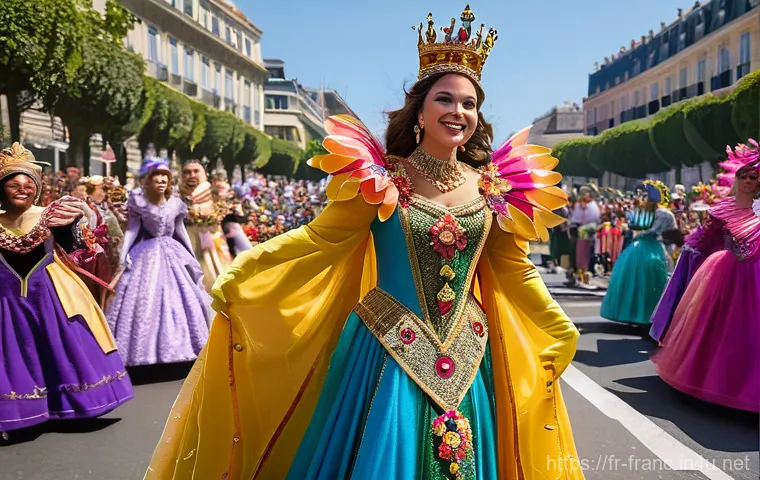 니스 카니발과 퍼레이드 일정 - **Prompt:** A majestic Queen's float at the Nice Carnival, showcasing the "Vive la Reine!" theme. Th...