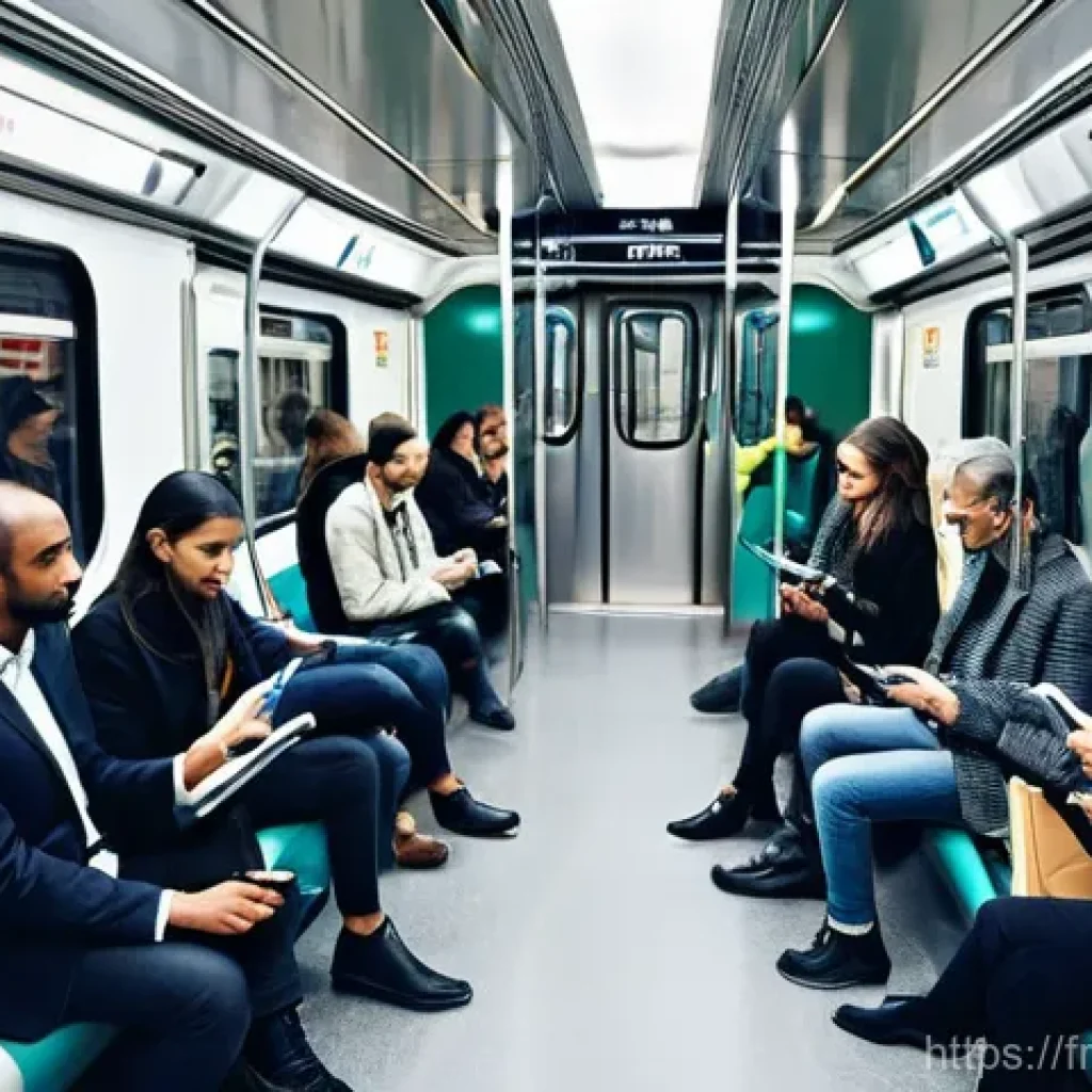 파리 지하철 이용법 및 요금 - **Prompt:** "A diverse group of Parisian commuters inside a sleek, modern Paris Metro train carriage...