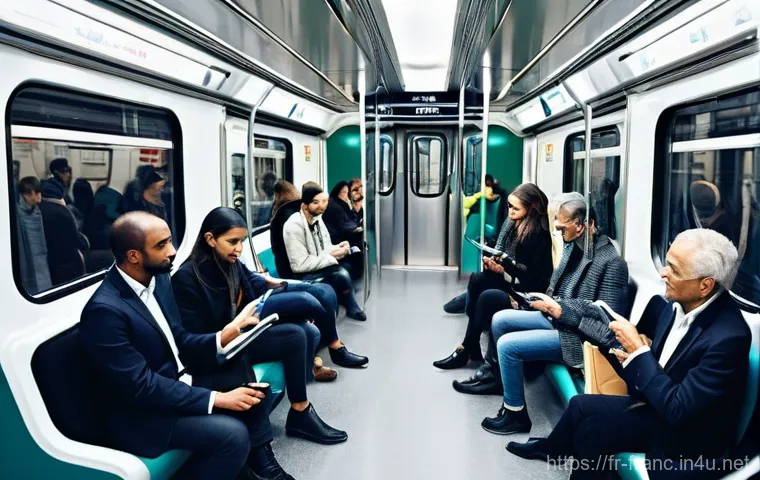 파리 지하철 이용법 및 요금 - **Prompt:** "A diverse group of Parisian commuters inside a sleek, modern Paris Metro train carriage...