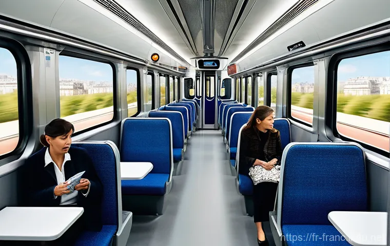파리 지하철 이용법 및 요금 - **Prompt:** "A diverse group of Parisian commuters inside a sleek, modern Paris Metro train carriage...
