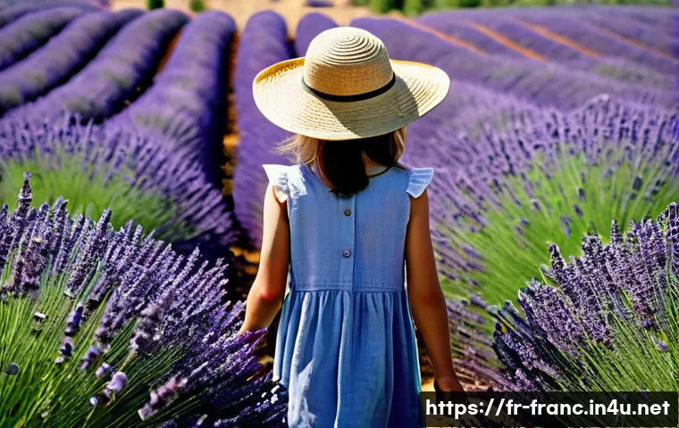 프랑스 향수 브랜드 및 추천 제품 - **Prompt:** "A young girl (approximately 12 years old) in a sundress, walking through a lavender fie...
