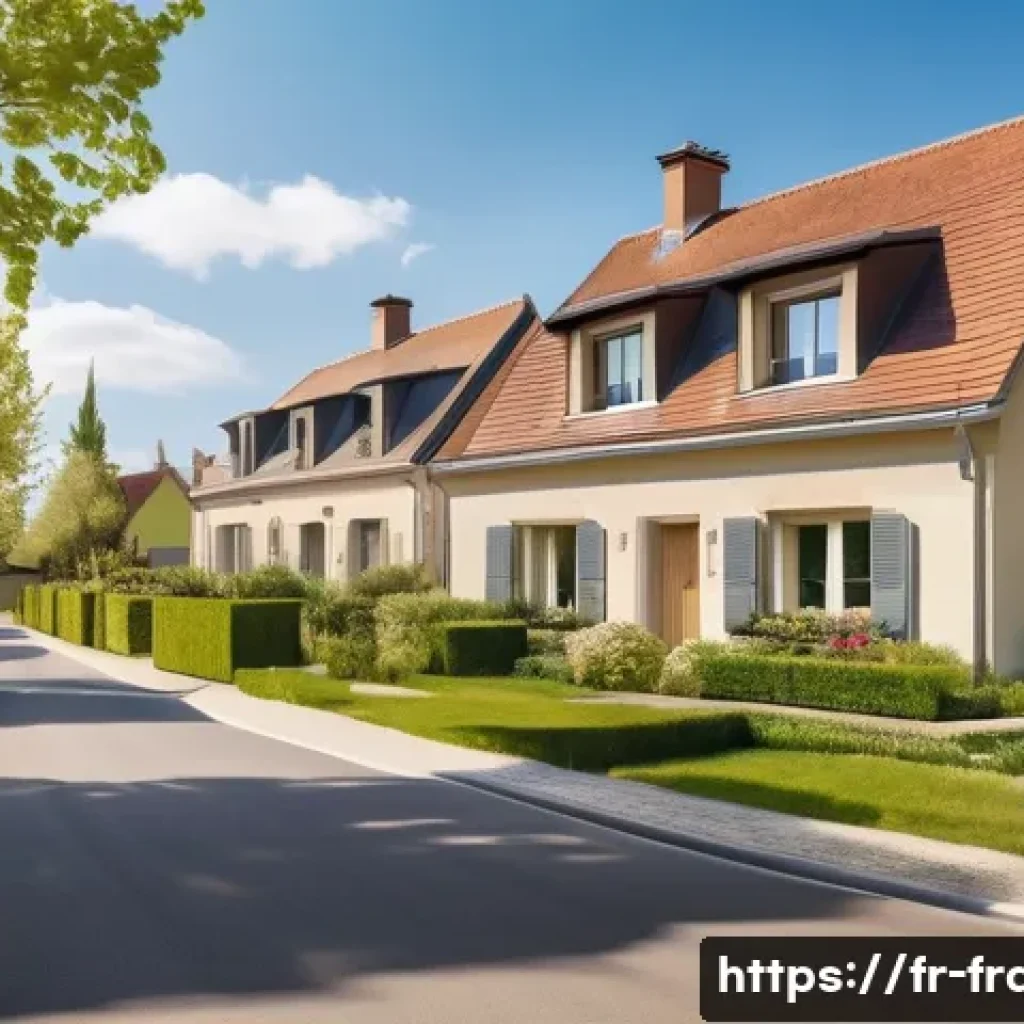 프랑스 부동산 시장 트렌드 - A peaceful suburban neighborhood near Paris in springtime, featuring modern detached houses with spa...