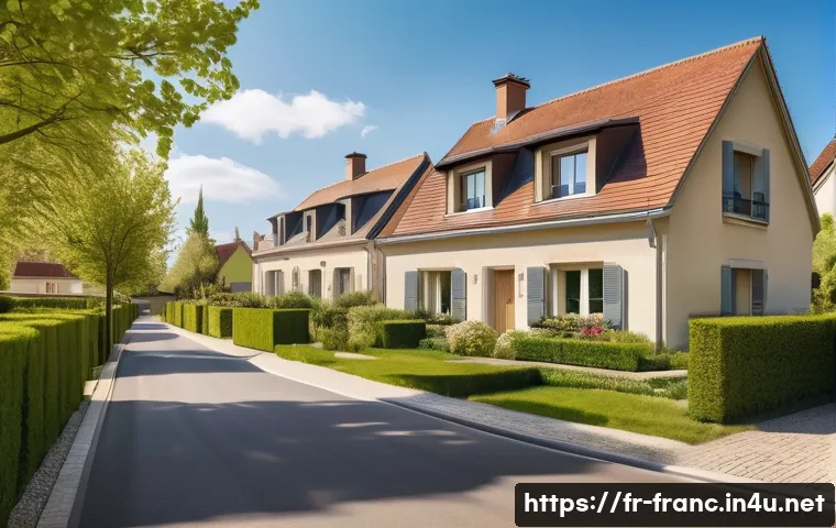 프랑스 부동산 시장 트렌드 - A peaceful suburban neighborhood near Paris in springtime, featuring modern detached houses with spa...
