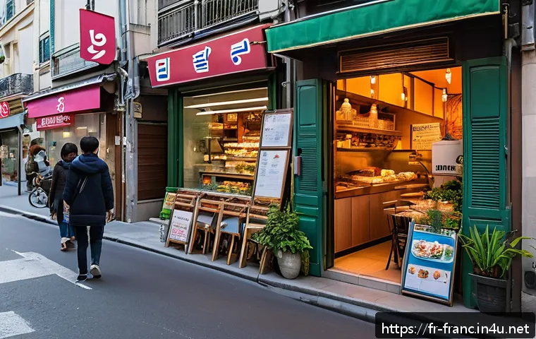 프랑스에서 한국 음식점 찾는 법 - A bustling street scene in Paris&rsquo;s 13th arrondissement featuring authentic Korean restaurants and gr...