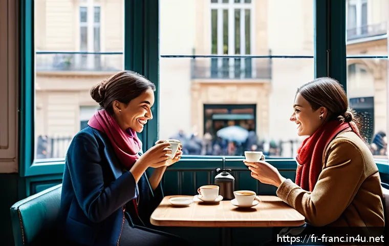 프랑스어 기초 회화 표현 - A cozy Parisian café scene in springtime, featuring a diverse group of people engaged in light conve...