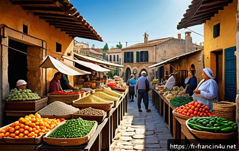 마르세유 항구와 지중해 요리 - A vibrant Mediterranean market scene at sunrise, bustling with local vendors selling fresh seafood, ...