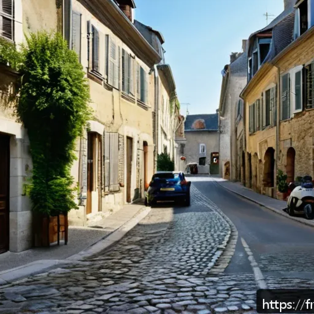 프랑스에서 자동차 운전 시 주의점 - A detailed urban French intersection scene emphasizing the "priority to the right" rule: a narrow vi...