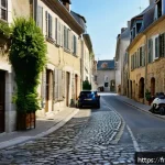 Home 23 프랑스에서 자동차 운전 시 주의점 - A detailed urban French intersection scene emphasizing the "priority to the right" rule: a narrow vi...