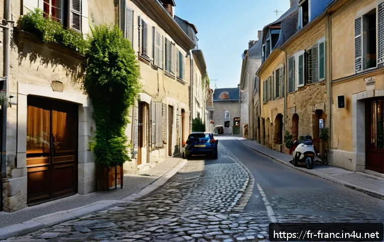 프랑스에서 자동차 운전 시 주의점 - A detailed urban French intersection scene emphasizing the "priority to the right" rule: a narrow vi...