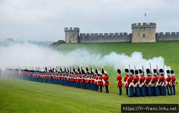 Home 30 프랑스와 영국의 역사적 경쟁 - Photorealistic historical scene symbolizing the long rivalry between France and Britain, two discipl...