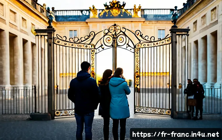 Home 17 베르사유 궁전 투어 방법 - Photorealistic wide-angle travel scene at the Palace of Versailles entrance in France, a French-spea...