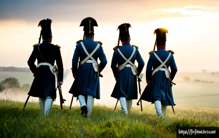 나폴레옹 전쟁과 프랑스의 영향 - Photorealistic historical scene of Napoleonic-era French infantry marching across a misty European f...